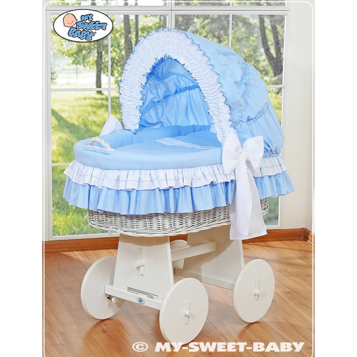 Cos pentru bebelusi cu suport din lemn, My Sweet Baby, alb, cu lenjerie albastru si alb, dimensiuni 98x65x130cm, set complet