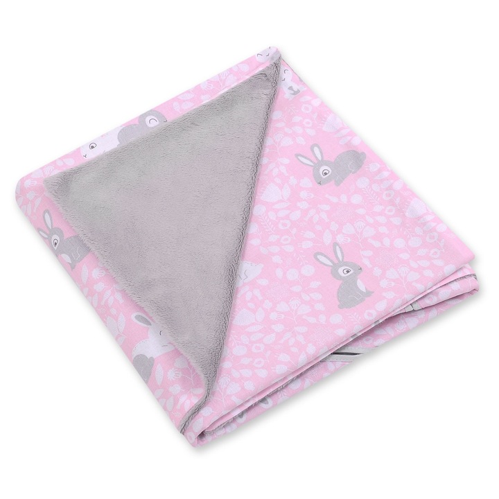 Бебешко одеяло, Bobono, 100x100 см, памук и минко, сиво/розово
