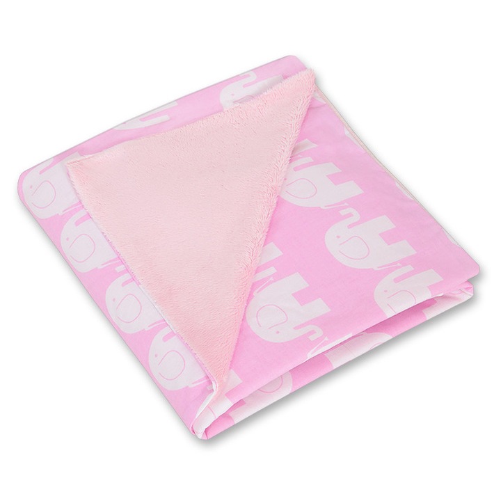 Бебешко одеяло Bobono, розов модел на слон, 100x100 см, памук и минко