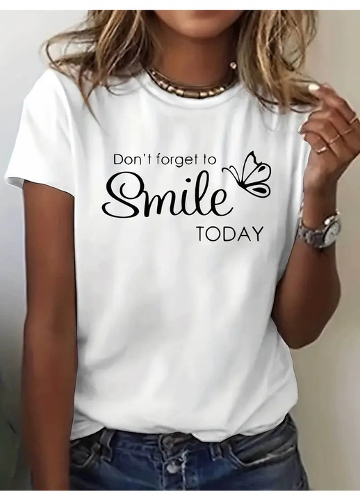 Tricou Dama, Smile Today, din bumbac 100%, decolteu la baza gatului, cusaturi laterale, Alb