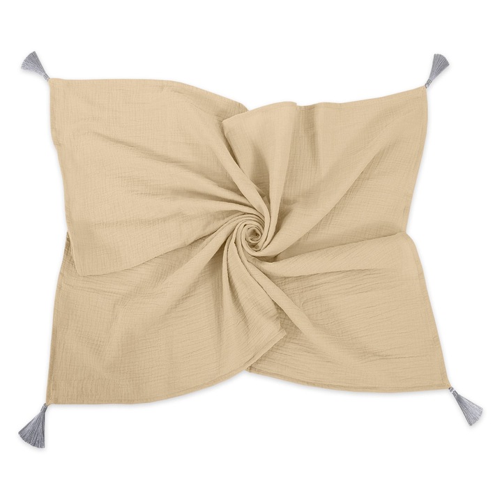 My Sweet Baby muszlin babatakaró, 78x100cm, bojtokkal, bézs