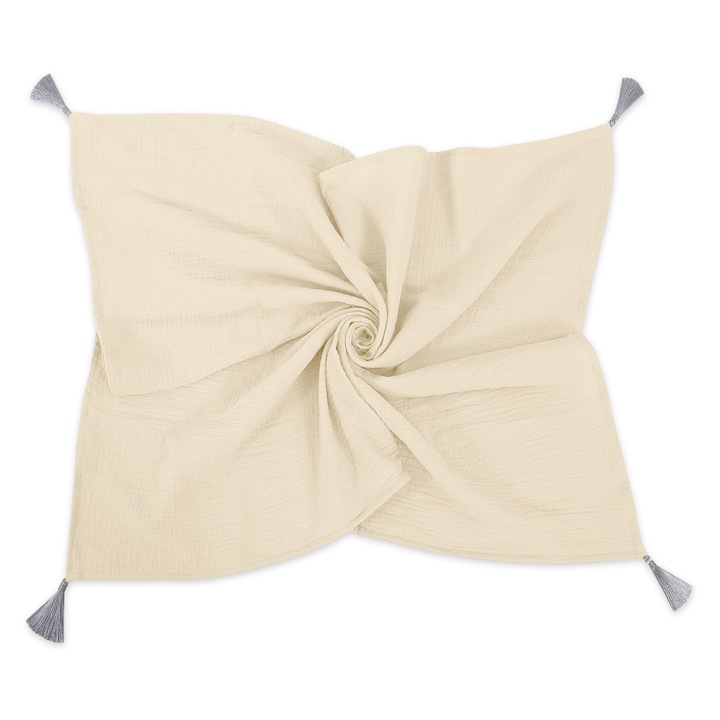 Бебешко одеяло My Sweet Baby от муселин, 78x100 см, с пискюли, бежово