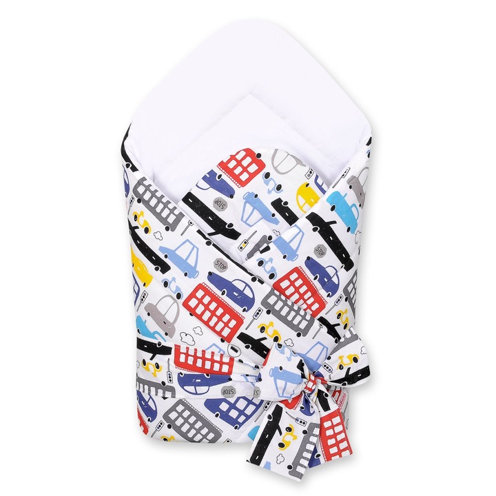 Бебешко одеяло Bobono, пъстър модел на коли, 77x77 см, изработено от 100% сертифициран памук, с антиалергичен пълнеж