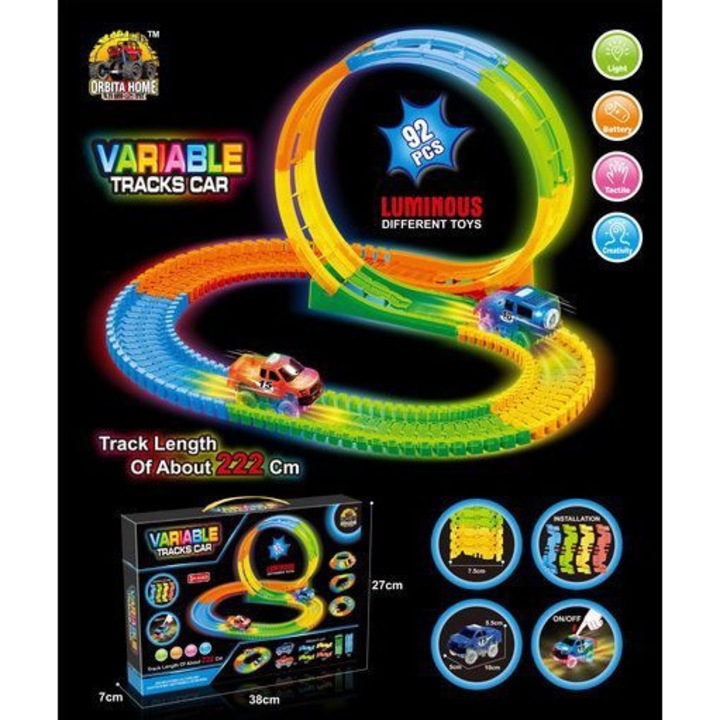 Set pista auto luminoasa, Kathay-Haster, 91 piese, 1 masinuta cu LED, 222cm, 38x7x27cm