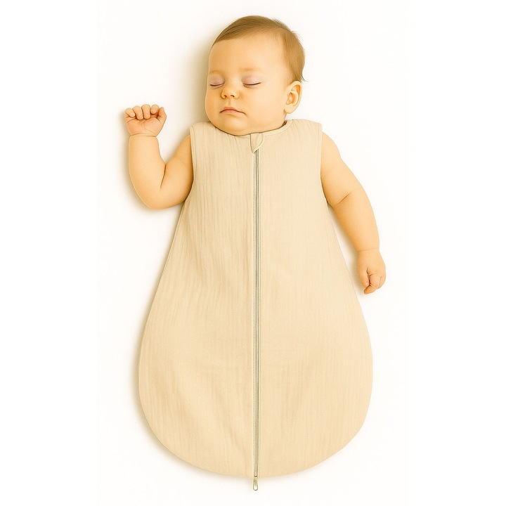 Sac de dormit pentru bebelusi My Sweet Baby, muselina, 0-6 luni, 65x28x45cm, crem
