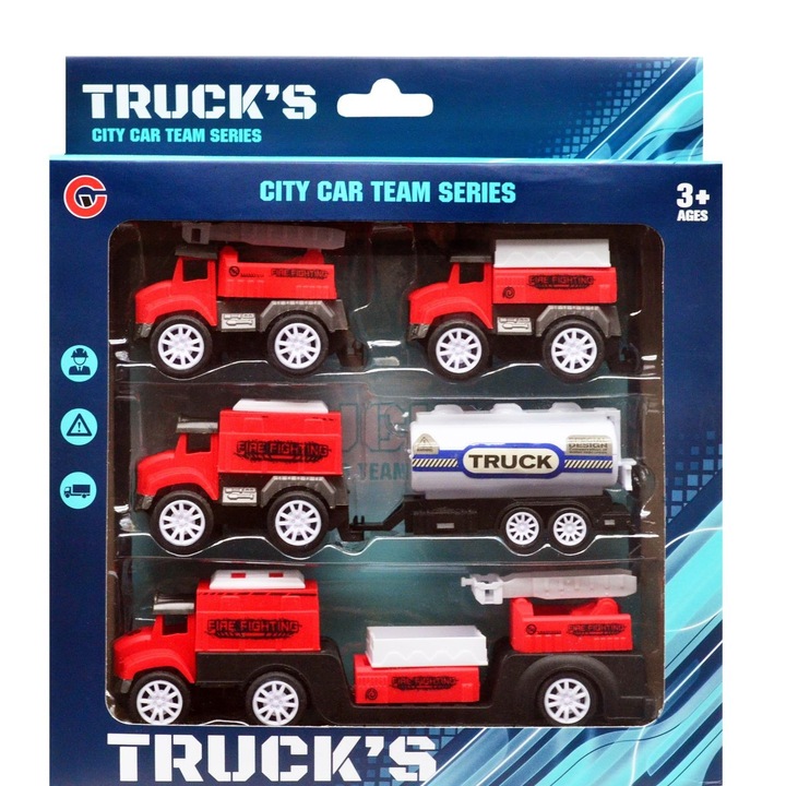 Комплект пожарна кола, Kathay-Haster, 4 превозни средства, 17x7 см, многоцветни