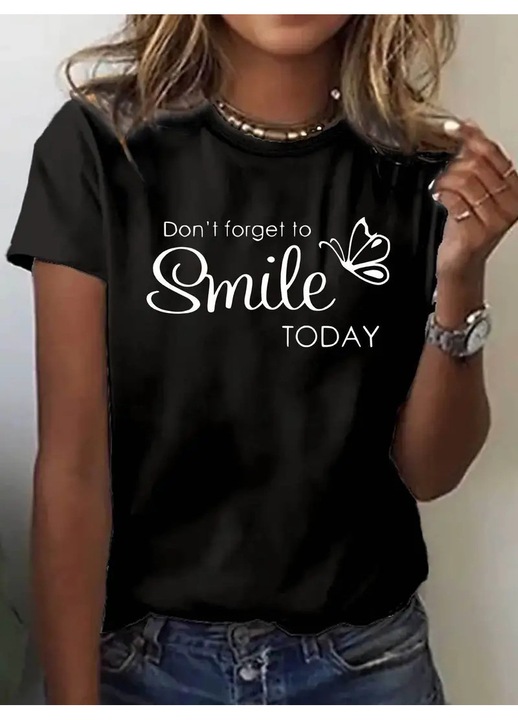 Tricou Dama, Smile Today, din bumbac 100%, decolteu la baza gatului, cusaturi laterale, Negru