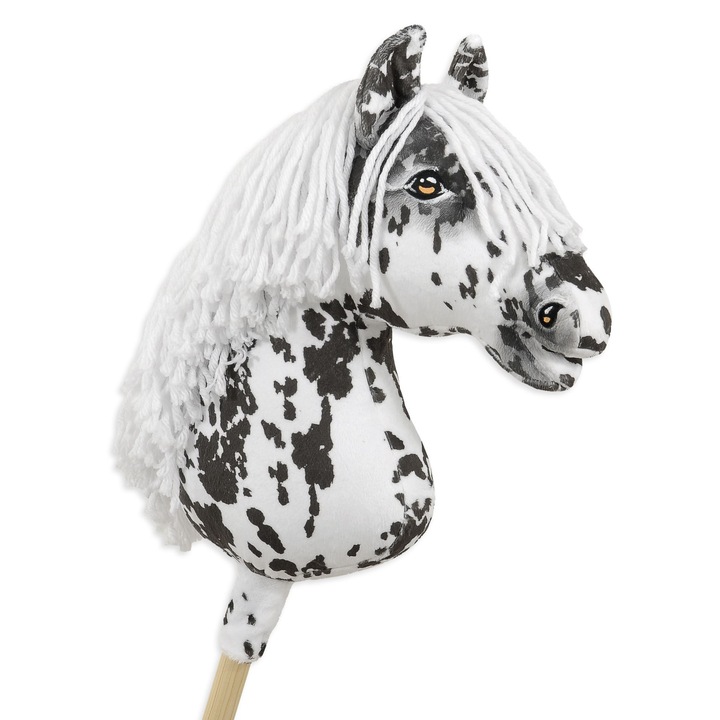Super Hobby Horse - cal pe bat, alb cu negru, A3, realizat manual, material minky, pentru copii peste 3 ani