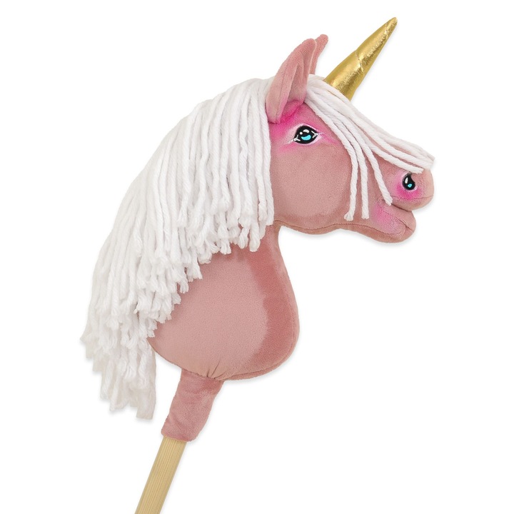 Calut de jucarie pe bat, Super Hobby Horse, unicorn roz cu coama alba si corn auriu, 75cm