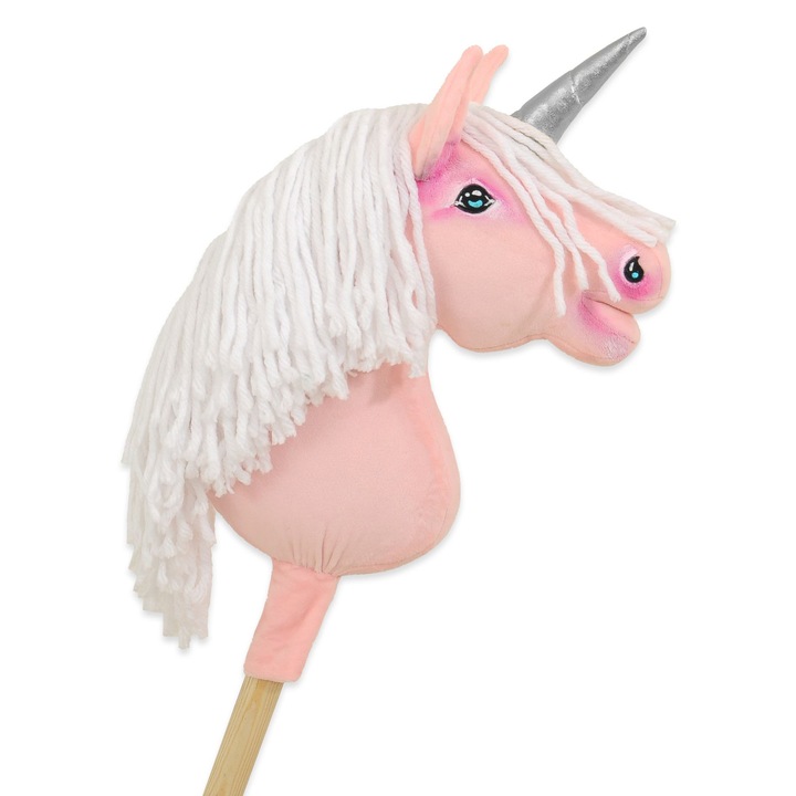 Calut de jucarie pe bat, Super Hobby Horse, unicorn roz cu coama alba si corn argintiu, 75cm