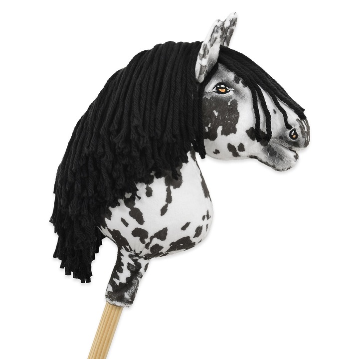 Super Hobby Horse - cal pe bat, alb-negru, cu coama neagra, dimensiune A4, jucarie interactiva pentru copii