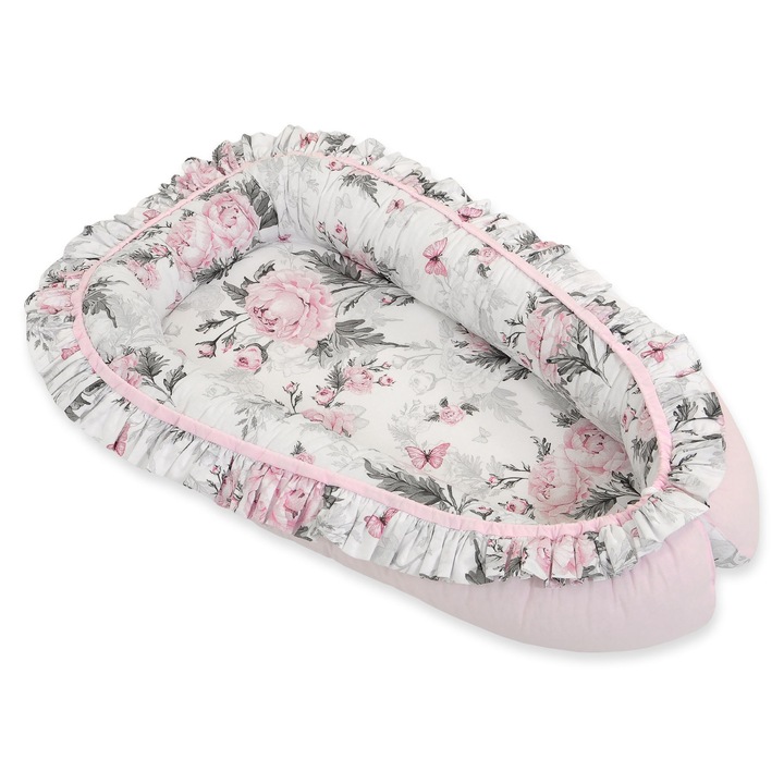 Cocon pentru bebelusi Bobono Premium, bumbac, 95x55cm, roz cu flori