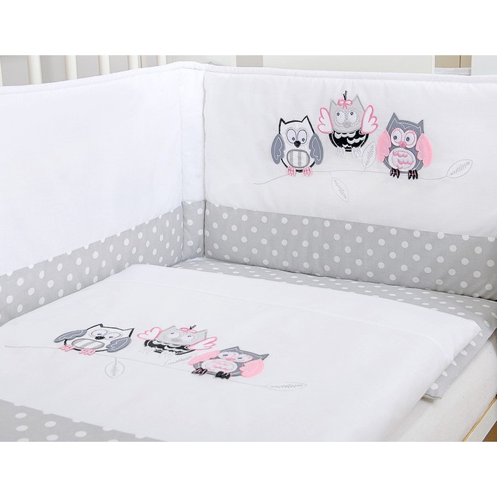 Set lenjerie pentru copii My Sweet Baby, 3 piese, gri cu broderie roz, 100x135cm