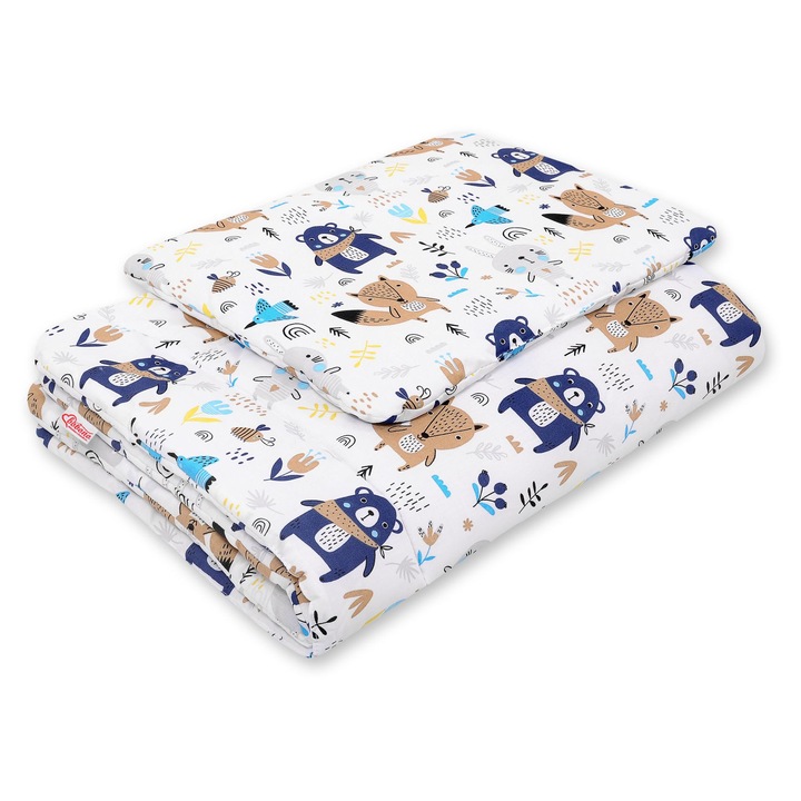 Lenjerie patut bebelusi Bobono Newborn cu umplutura, 75x100cm, albastru cu ursuleti