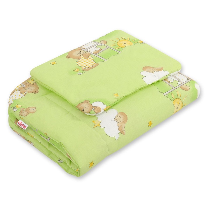 Set lenjerie pentru bebelusi Bobono, 2 piese, 75x100cm, colorat, cu umplutura, model ursuleti in norisori
