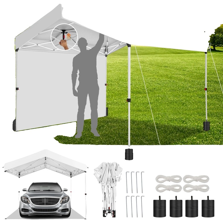 Pavilion gradina, alb, cu perete lateral, stalpi de suport, greutati, impermeabil, usor de montat