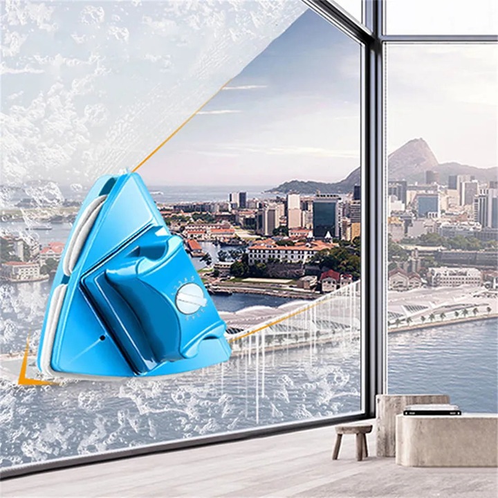 Stergator geam magnetic, dublu, 5 trepte ajustabile, 4-28mm, albastru, set complet cu 30 carpe de curatare, 4 benzi de cauciuc, 30 cleme