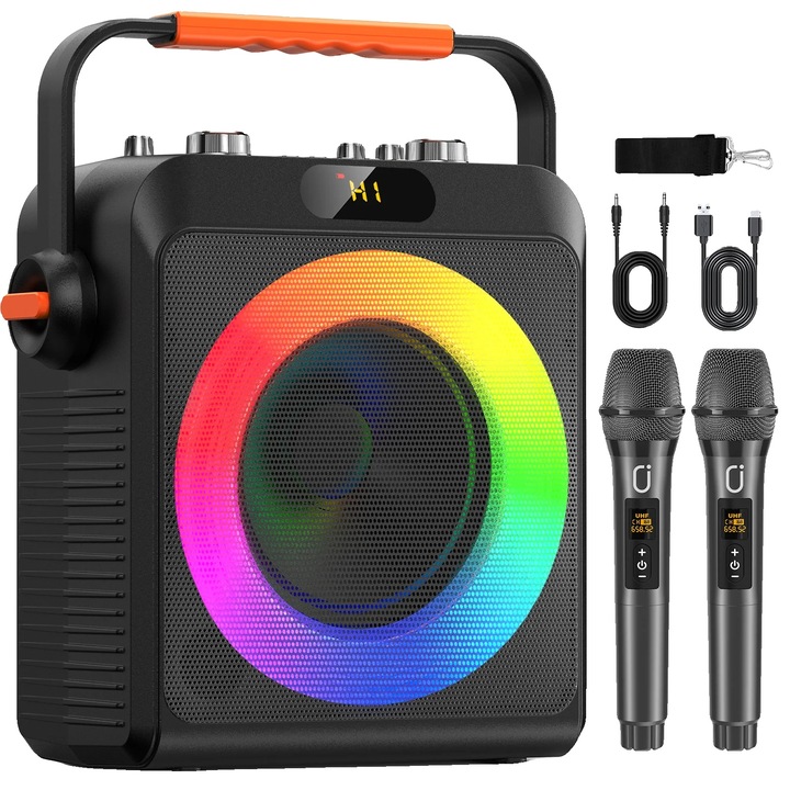 Masina de karaoke, microfoane wireless duale, stil portabil, ajustare treble/bass, negru