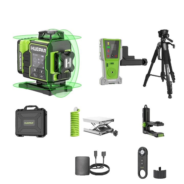 Nivela laser Huepar Set-4, 4x360, ecran LCD, baza rotativa electrica, 12.6V, 2600mAh, verde