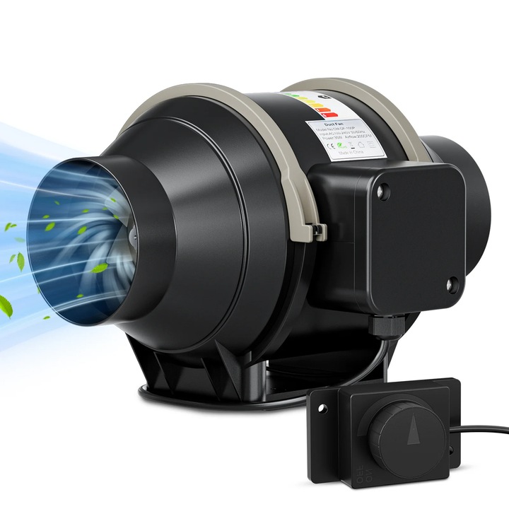 Ventilator de conducta, Inline de evacuare, 10 cm, 360 m³/h debit aer, Control viteza variabila, Motor EC, DC, Pentru corturi de crestere, Negru