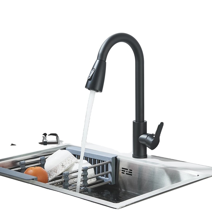 Fürdőszobai csaptelep, süllyeszthető kifolyóval, pultra szerelhető, lehúzható zuhanyfejjel, matt fekete