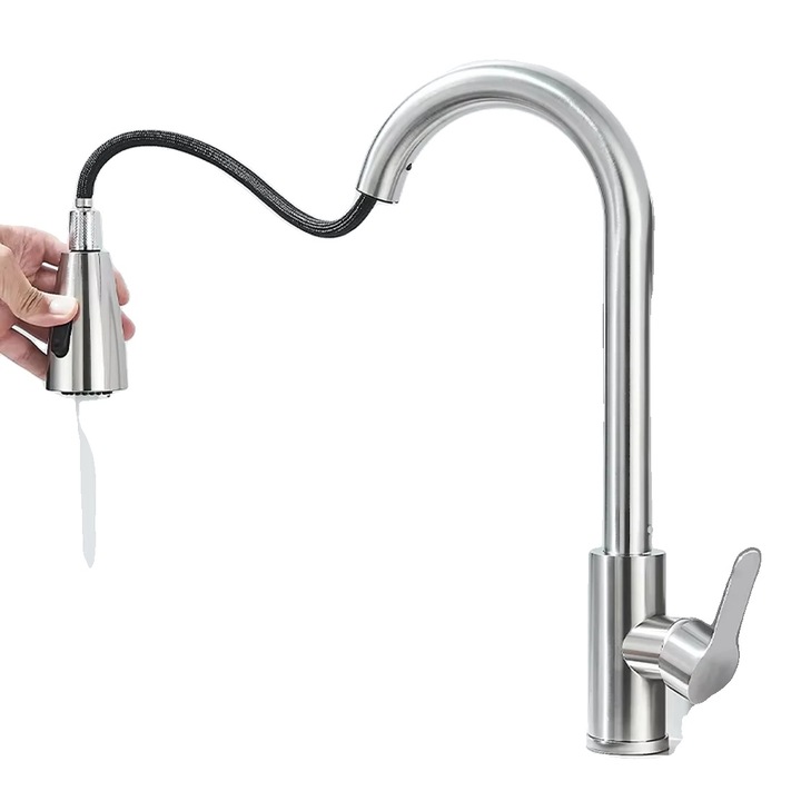 Fürdőszobai csaptelep, mosdóba, süllyeszthető zuhanyzóval, pultra szerelhető, szálcsiszolt nikkel