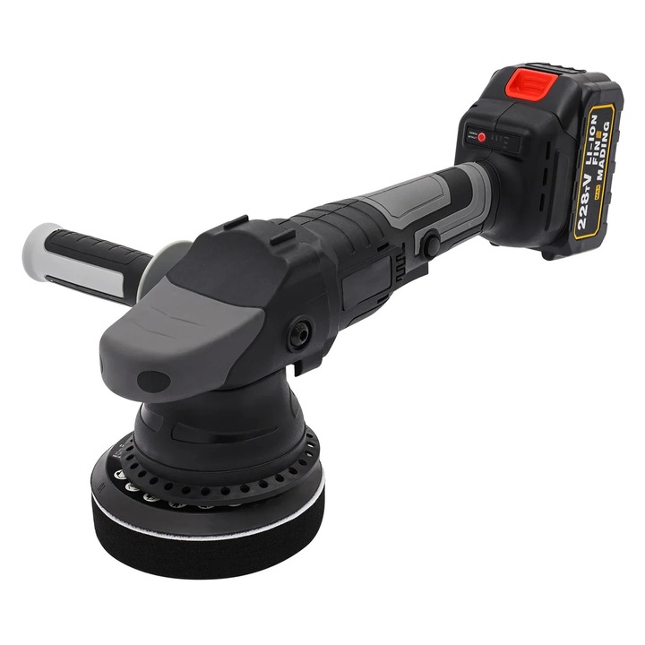 Orbitális polírozógép, Autópolírozó, 21V DC, 3 fokozat 2000/4000/6000 ford./perc, 12,5 cm-es tárcsa, kefe nélküli rézmotor, EU csatlakozó, fekete