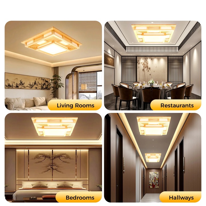 Mennyezeti lámpa, modern japán stílusú, 3 színhőmérséklet, fehér és fa, 45x45cm