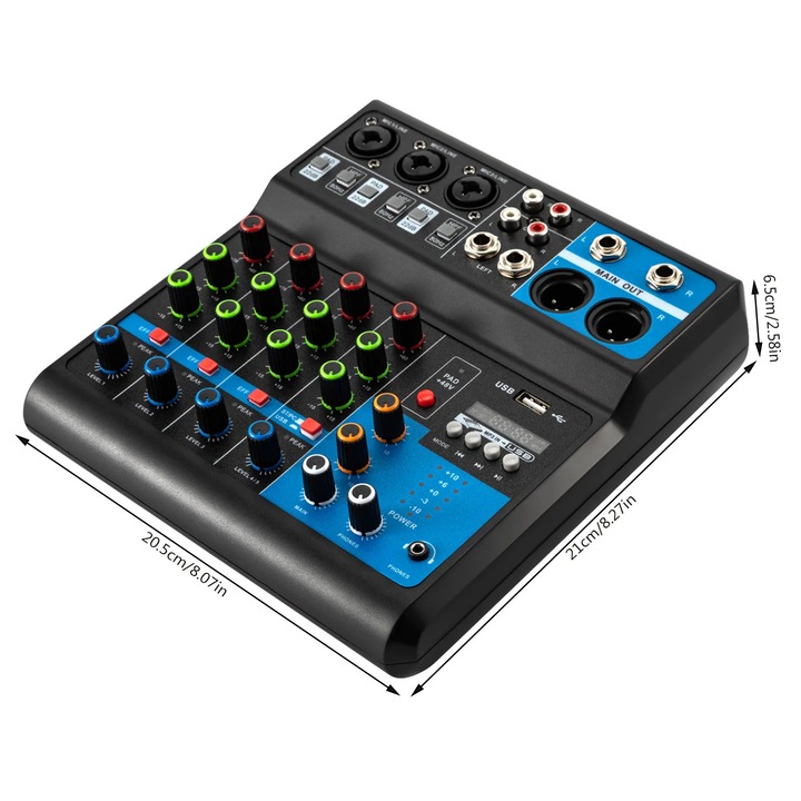 Mixer audio 5 canale, consola DJ USB, 48V phantom power, Bluetooth 5.0, placa de sunet USB, streaming live si karaoke acasa, negru, stecher UE 220V