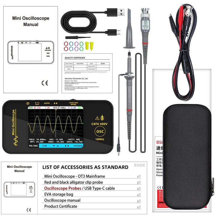Osciloscop portabil 10MHz, 1 canal, 3.2 inch, masurare automata, OT3 (Optiunea A)