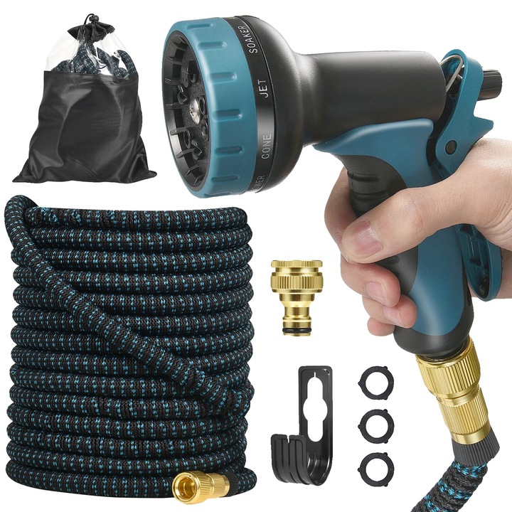 Bővíthető kerti tömlő, szórófej 10 állítható mintával, könnyű és hordozható, tartós anyagból, 45 m 150 láb