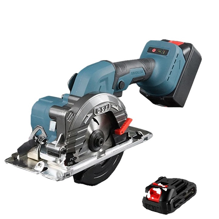 Циркуляр, диаметър на острието 125 мм, дълбочина на рязане 29-59 мм, накланящ се ъгъл на рязане 0-45°, с 1 батерия