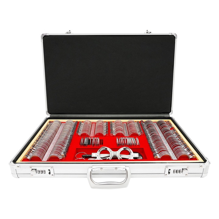 Set lentile de probă optometrie, 266 piese, rame metalice, lentile din sticlă, argintiu/roșu, 57x36x9, 5 cm