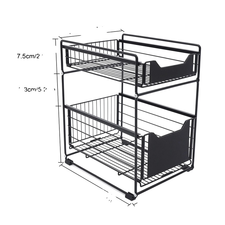 Tárolópolc, 2 szint, kihúzható kosár, szabadon álló, fekete