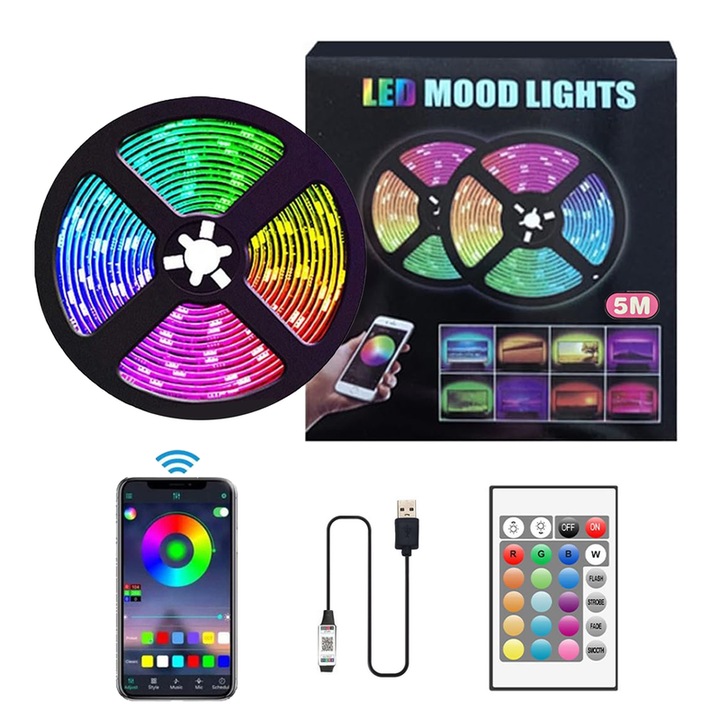 RGB LED лента - Управление чрез IR, Bluetooth и приложение, Синхронизация с музика, Декор за телевизор, гейминг стая, партита, фестивал, 5 метра