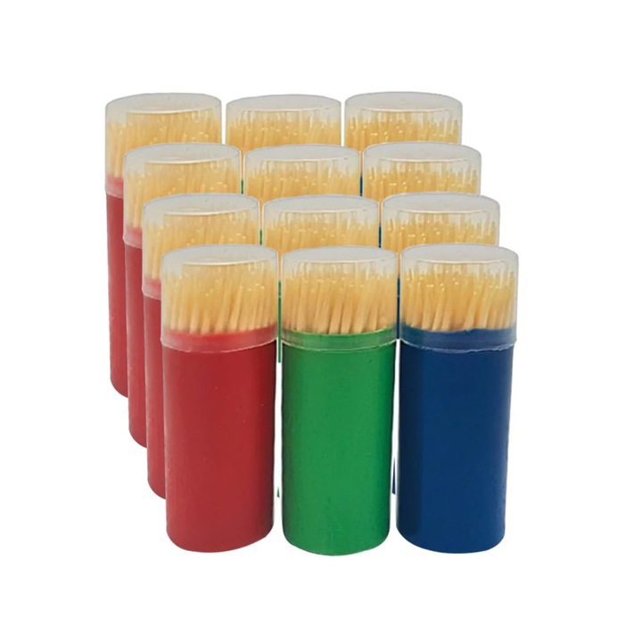 Комплект бамбукови клечки за зъби LyoBest 100 броя, 12 многоцветни тръбички, екологични, издръжливи