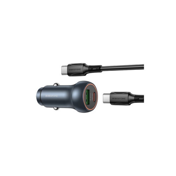Incarcator auto Borofone BZ32B Fresh USB + Tip C QC 3.0 PD 48W cu cablu Type-C la Type-C gri