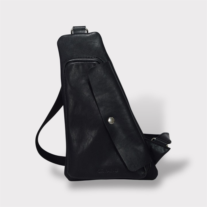 Borseta barbati de umar din piele naturala, 3 compartimente, negru