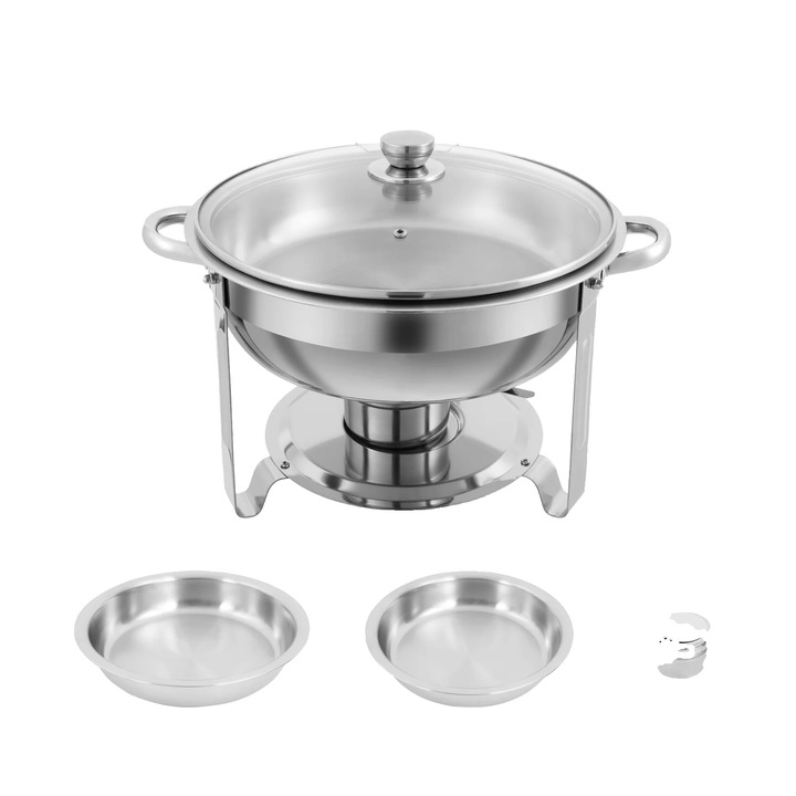 Комплект гастронорм тави от неръждаема стомана и стъкло, кръгла форма, вместимост 4,5 л, сребрист цвят, размери 41,9 см x 27,9 см