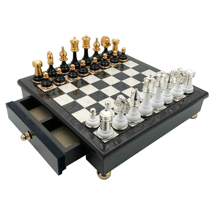 Set de șah Italfama Staunton cu aur de 24K și argint 925, 32x32cm, înălțime rege 9cm, fabricat în Italia