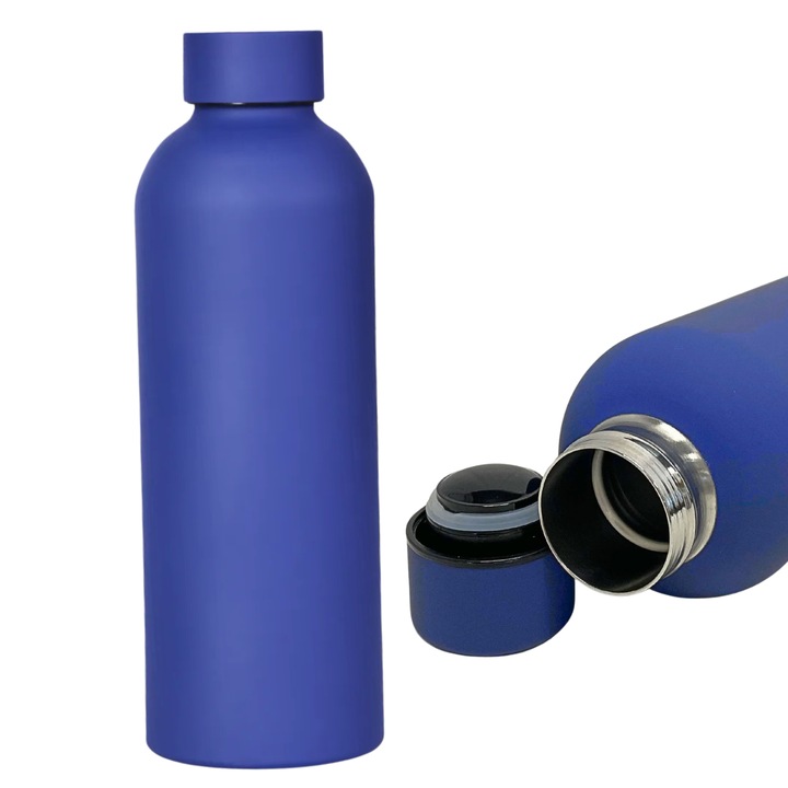 Termos cu Perete Dublu si Capac Filetat, Acoperire cu Pulbere Rezistenta, Albastru Mat 1L, Otel Inoxidabil