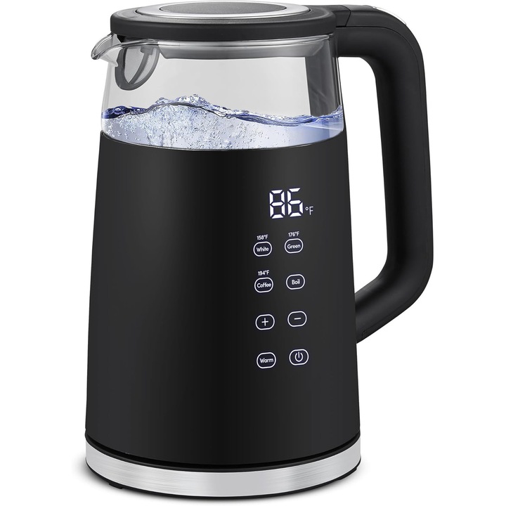 Fierbător Electric Luxeeo 1.7L, Inox 304, Negru, 1100W, Control Touch, Funcție Keep Warm/Auto Stop