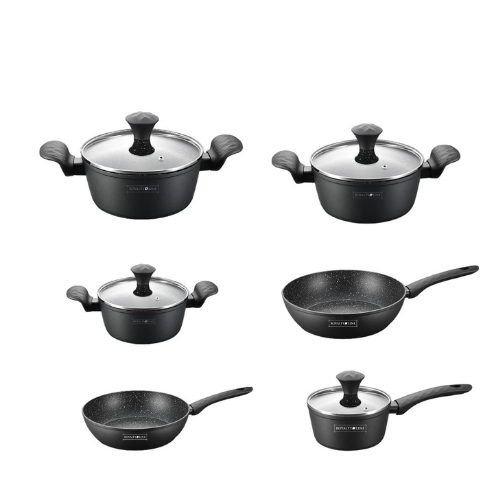 Set oale si tigai Royalty Line RL-FD10, 10 piese, capace sticla, negru, 28x24x20cm