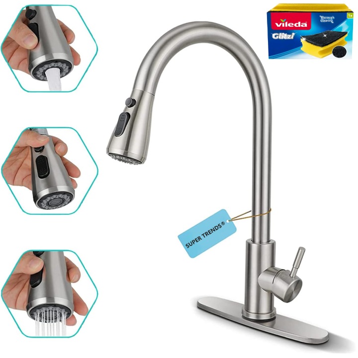 Baterie Premium pentru Chiuveta Bucatarie, SUPER TRENDS®, Duza Extractabila cu Furtun de 70 cm, Burete Vase Vileda Glitzi, Cartus Ceramic, Buton ON/OFF, 2 Tipuri Jet, Racorduri 60 cm Incluse, Pipa Inalta, Garnituri, Otel Inoxidabil, Argintiu Deschis