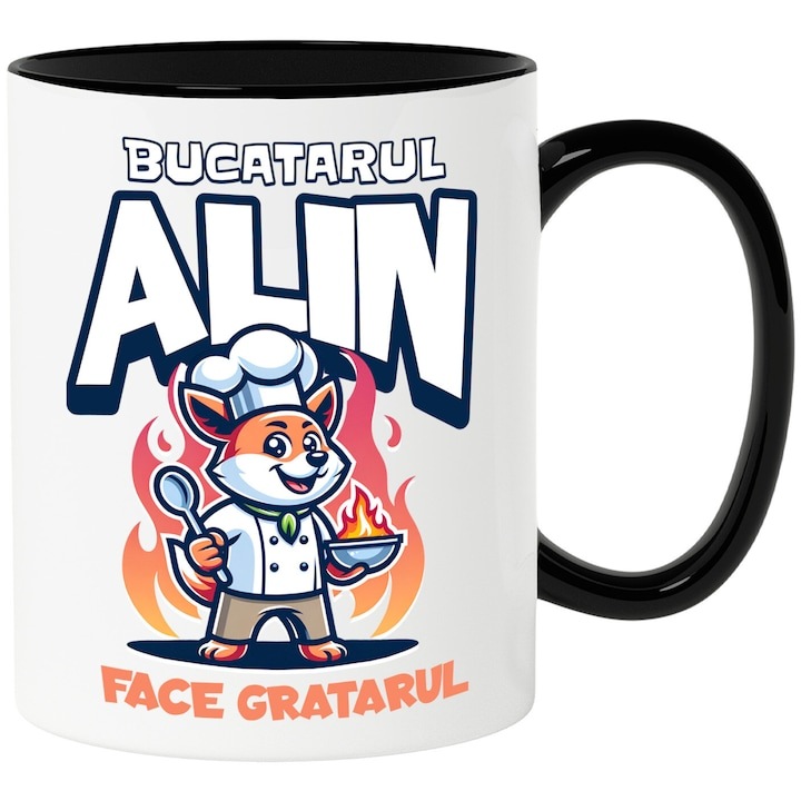 Персонализирана бяла чаша, Лисица в роба и висока шапка, кухненски инструмент, Огън, Готвач Алин, грил, с черна дръжка, INOVATIX®. 330 мл