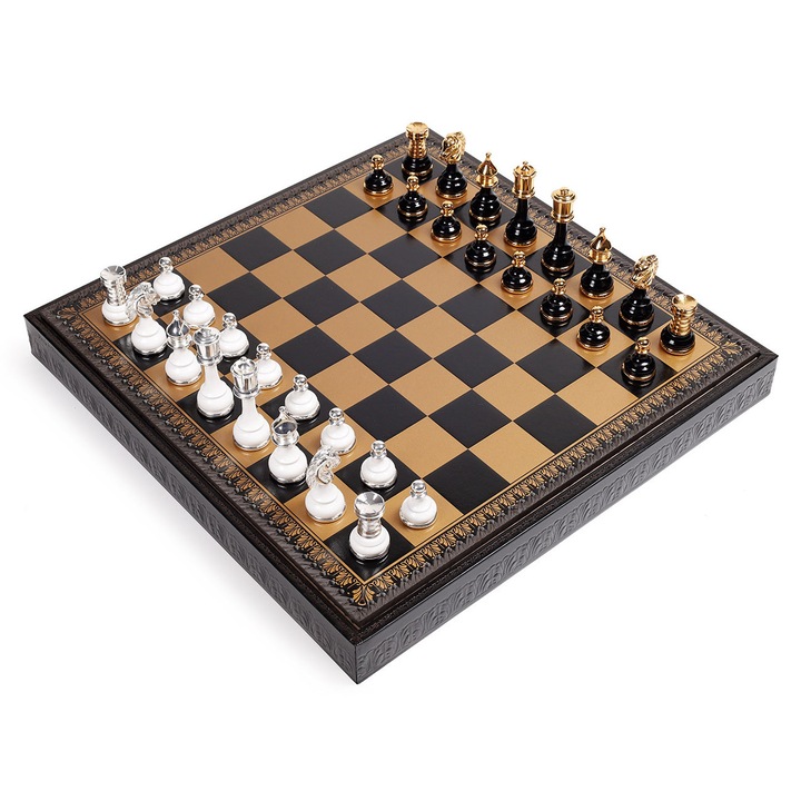 Комплект игри Italfama 3 в 1, екокожа, 48x48 см, шах с 24-каратово злато и 925 сребърни фигури, дама, табла