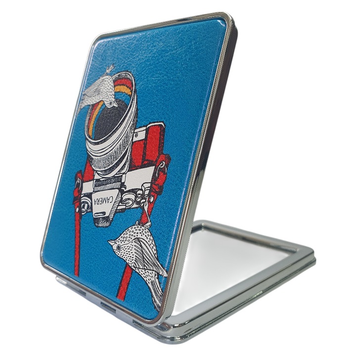 Огледало, компактно, двойно, дизайн с камера, магнитно закопчаване, син, 9x7x2 см