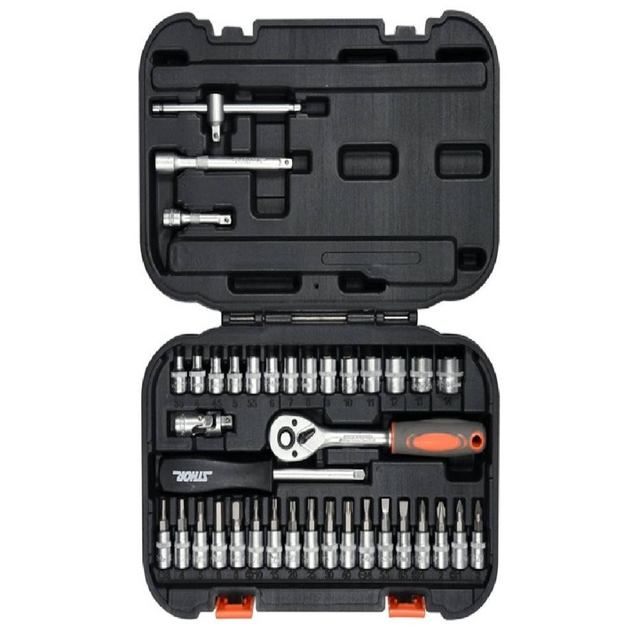 Trusă tubulare 1/4", Sthor, 38 piese, clichet 45T, bituri și prelungitoare