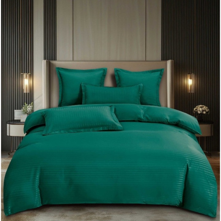 Lenjerie de Pat Dublu, Cearsaf cu Elastic, Damasc, Uni, 6 piese, 180x200cm, Verde Smarald