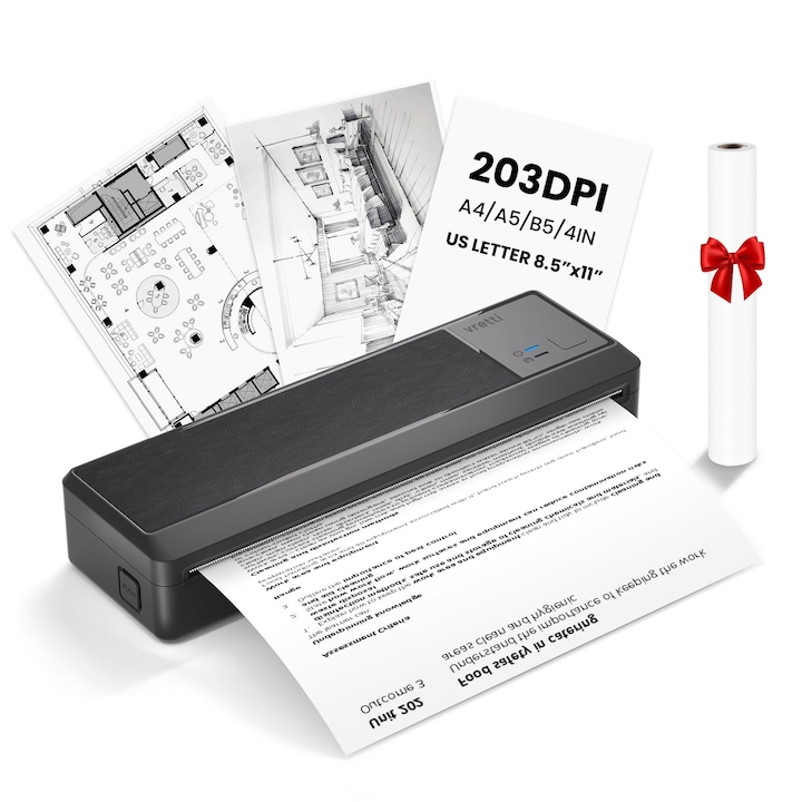 Преносим принтер Vretti P83 A4 с 1 ролка хартия – висококачествен, безжичен, мобилен термопринтер, без мастило, съвместим с iOS/Android/Windows/MAC, 203 dpi, 2600mAH батерия, за снимки, текст, товарителници